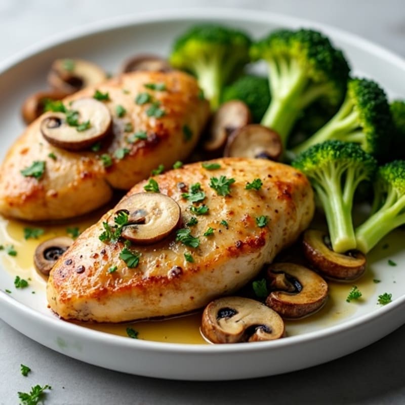 Sheet Pan Roasted Chicken and Garlic Butter Mushrooms with Broccoli