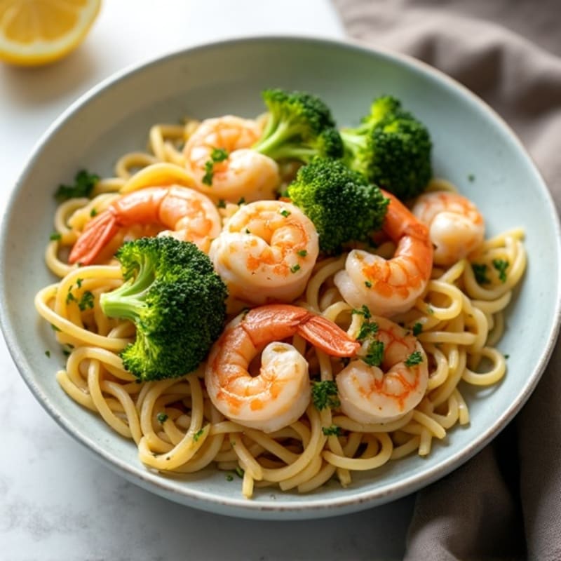 Lemon Garlic Chicken and Shrimp Pasta with Roasted Broccoli