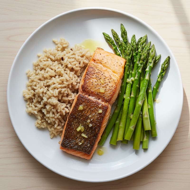 Seared Salmon with Steamed Asparagus and Brown Rice
