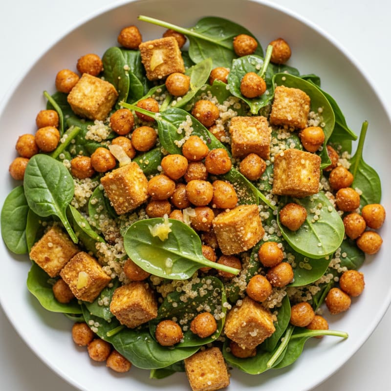 Crispy Tofu and Quinoa Salad with Roasted Chickpeas