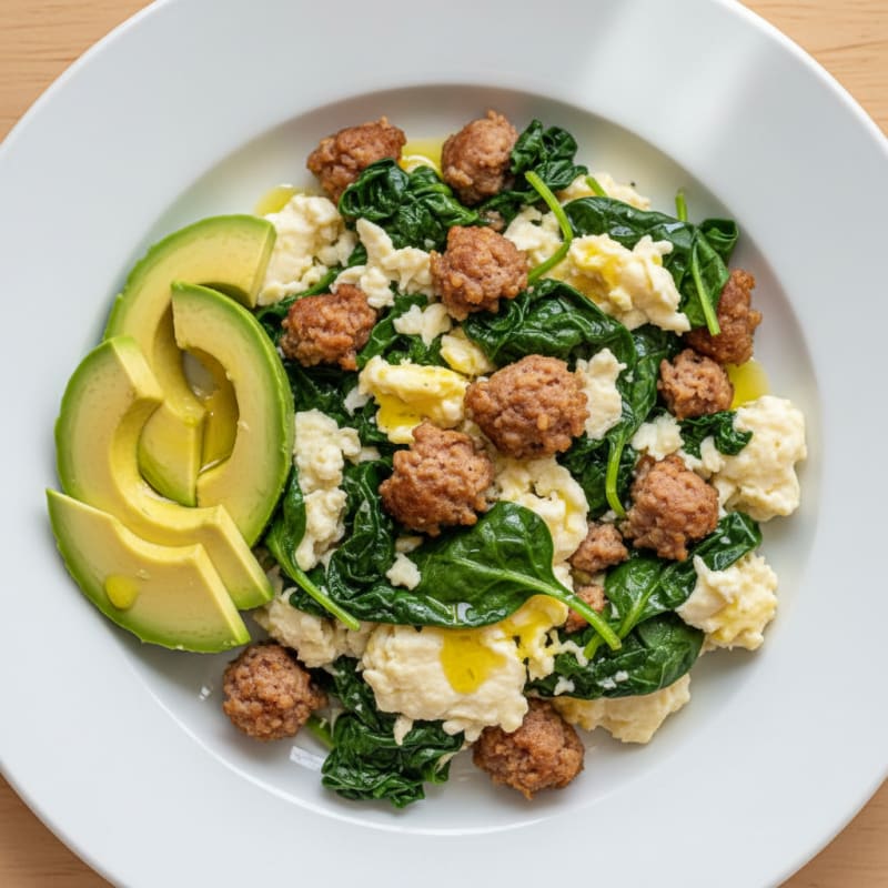 Scrambled Egg Whites with Turkey Sausage and Sautéed Spinach