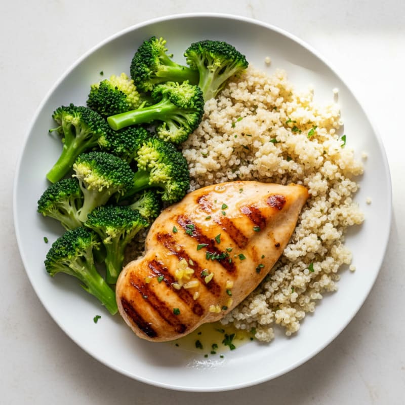 Grilled Lemon-Garlic Chicken Breast with Quinoa and Steamed Broccoli