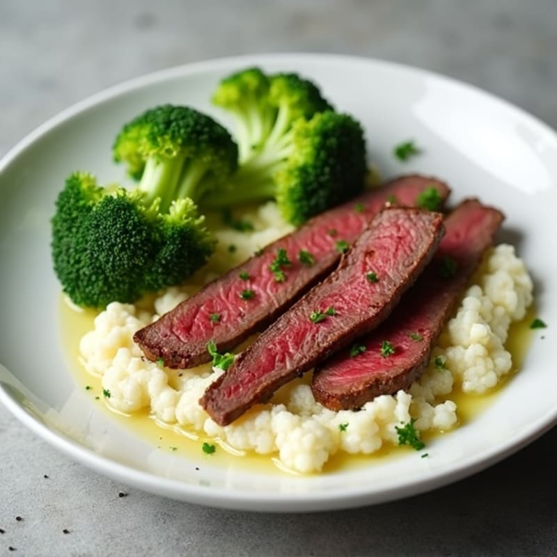 Seared Lean Beef Strips with Steamed Broccoli and Cauliflower Mash
