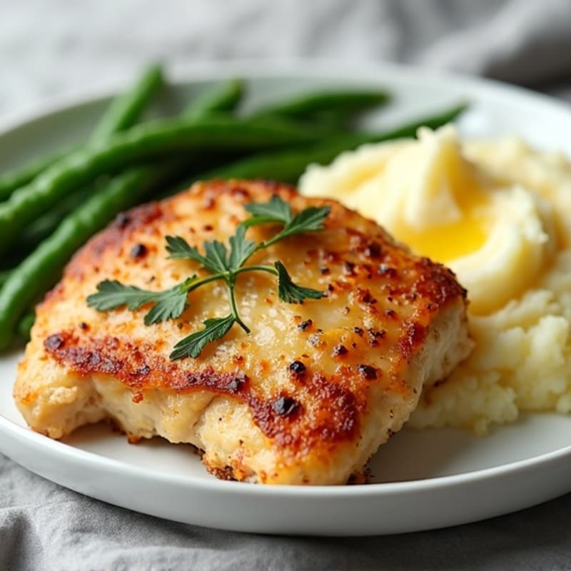 Pan-Seared Chicken with Creamy Garlic Mashed Potatoes and Roasted Green Beans