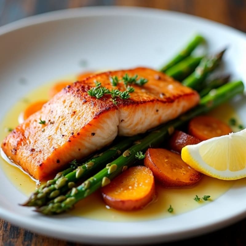Seared Salmon with Roasted Sweet Potato and Asparagus