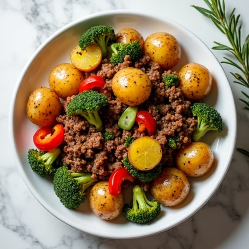 Herb-Roasted Baby Potatoes with Garlic Ground Beef and Seasonal Vegetables