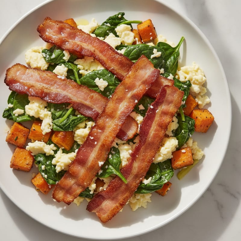 Crispy Turkey Bacon and Egg White Scramble with Sautéed Spinach