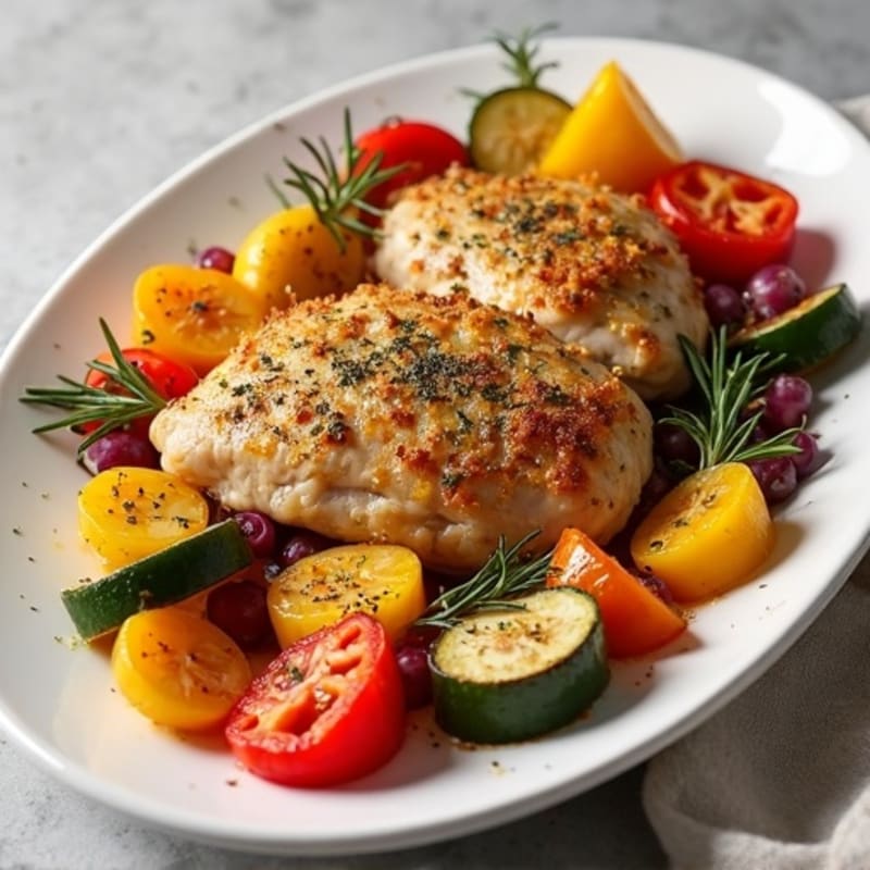 Herb-Crusted Sheet Pan Chicken with Roasted Rainbow Vegetables