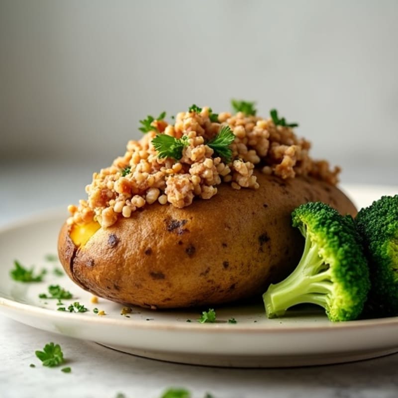 Crispy Baked Potato with Lean Ground Turkey and Steamed Broccoli