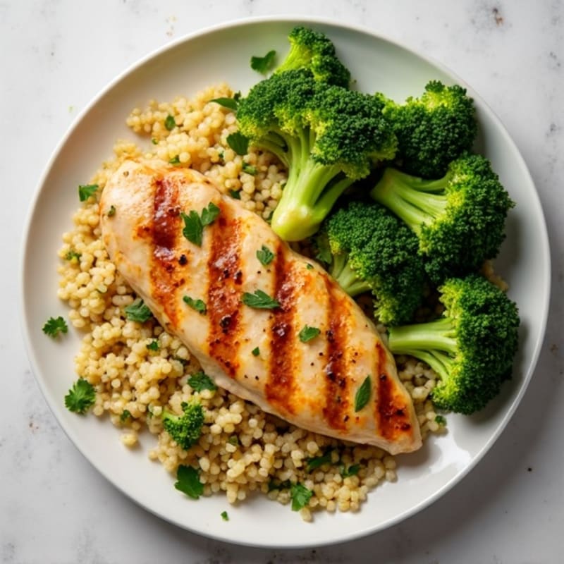 Grilled Lemon-Garlic Chicken Breast with Quinoa and Roasted Broccoli