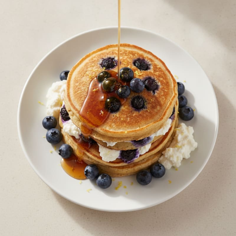Blueberry Ricotta Pancakes with Maple Syrup