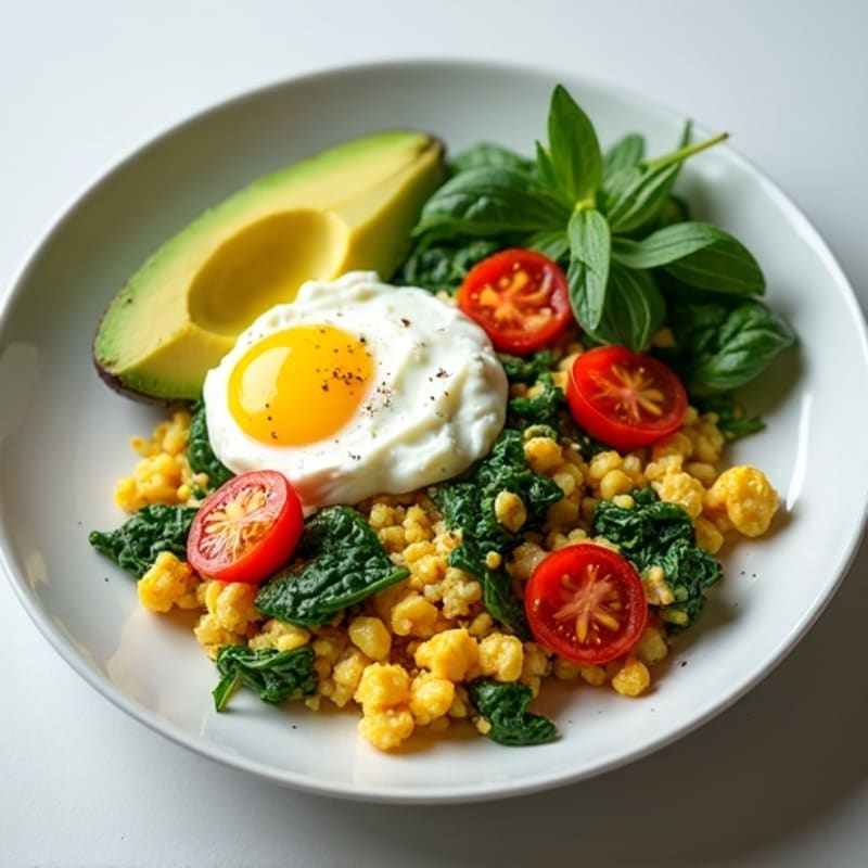 Egg White Spinach Scramble with Cottage Cheese and Cherry Tomatoes