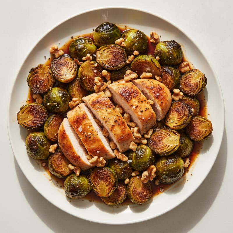 Balsamic-Glazed Brussels Sprouts with Toasted Walnuts and Roasted Chicken