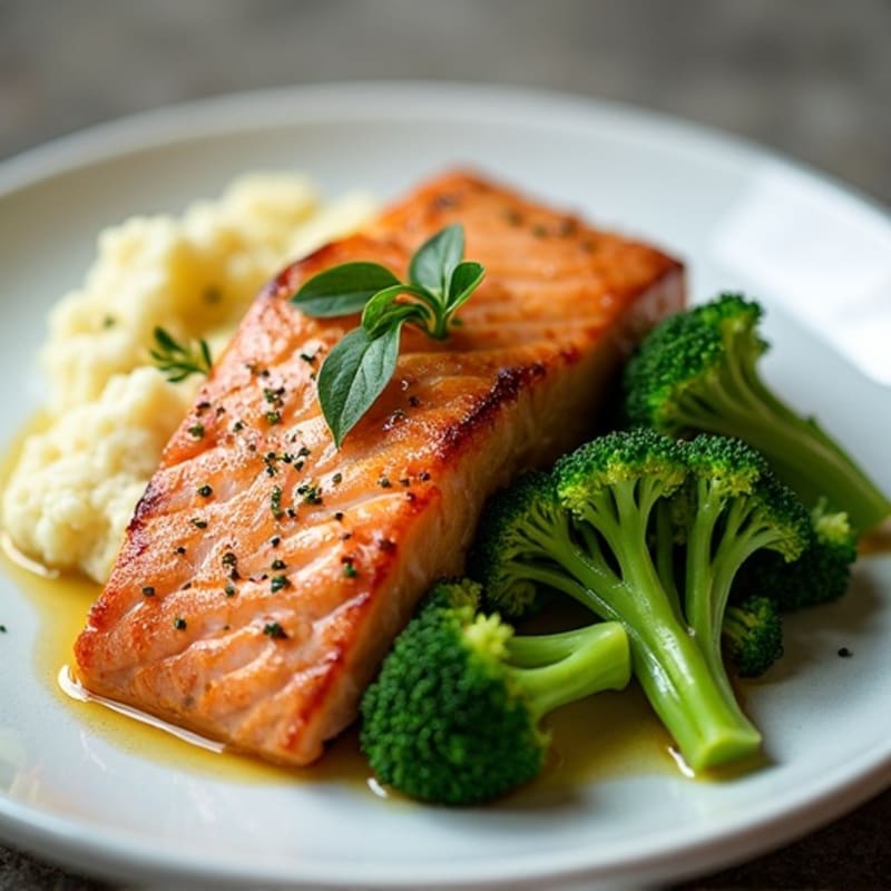 Seared Salmon Fillet with Steamed Broccoli and Garlic Mashed Cauliflower