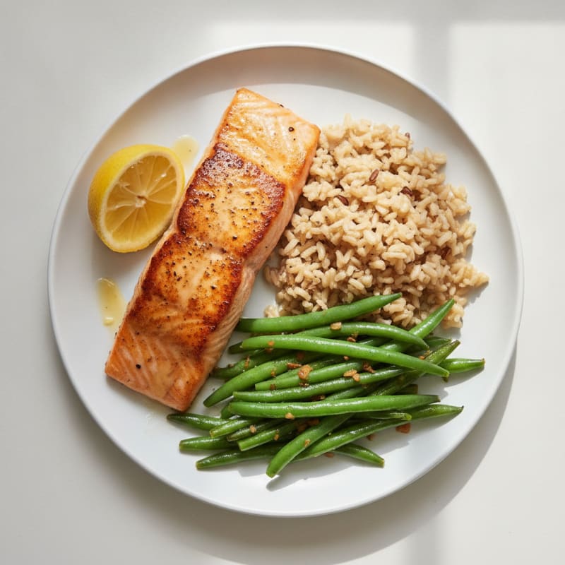 Seared Salmon with Garlic Green Beans and Brown Rice