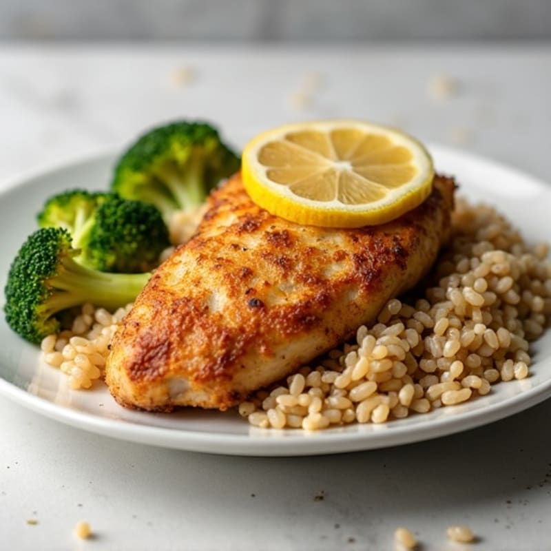 Crispy Lemon Garlic Chicken with Fluffy Brown Rice and Roasted Broccoli