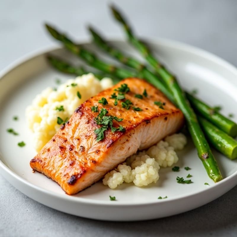 Seared Salmon with Steamed Asparagus and Garlic Mashed Cauliflower