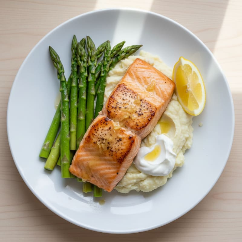 Seared Salmon Fillet with Steamed Asparagus and Mashed Cauliflower