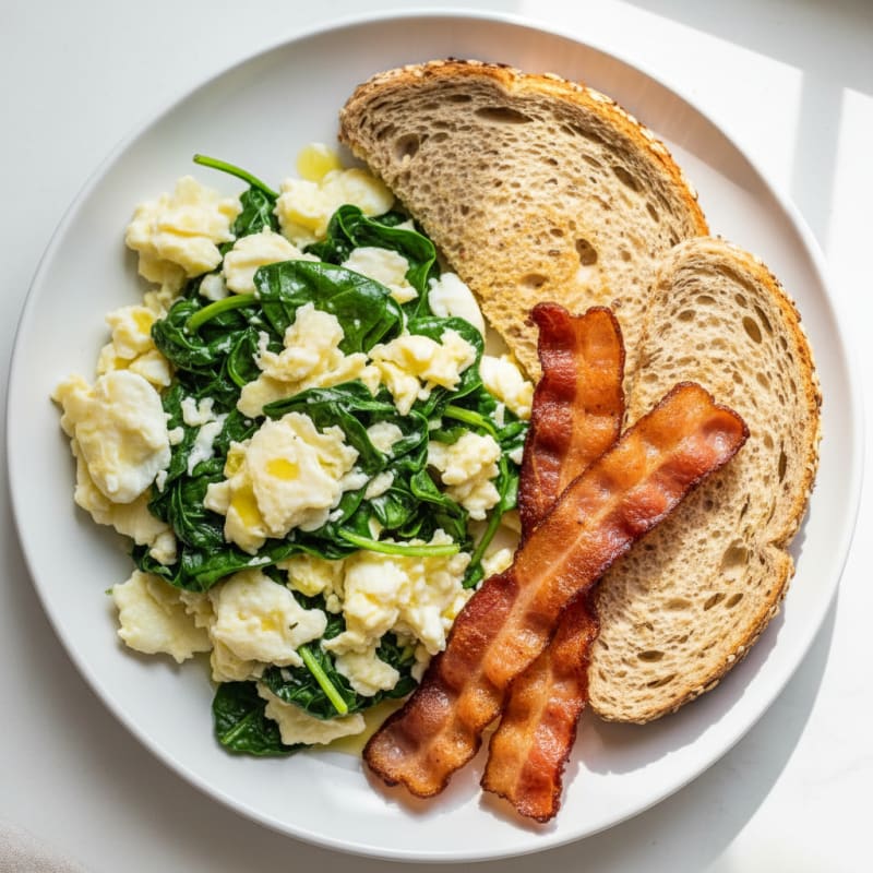 Crispy Turkey Bacon and Egg White Scramble with Sautéed Spinach