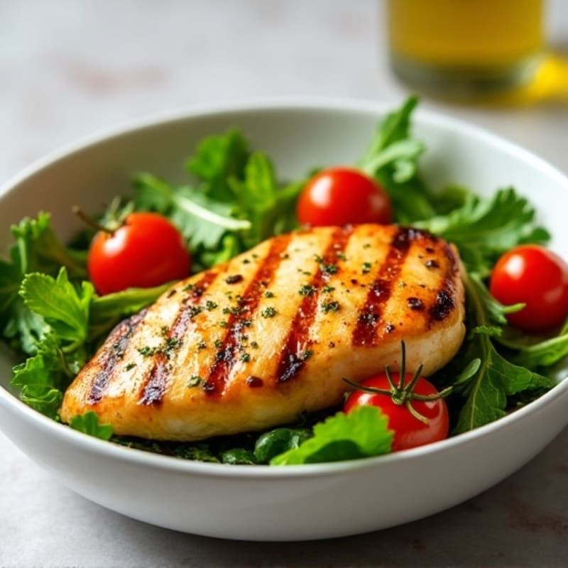 Grilled Lemon-Garlic Chicken Breast with Mixed Greens and Cherry Tomatoes