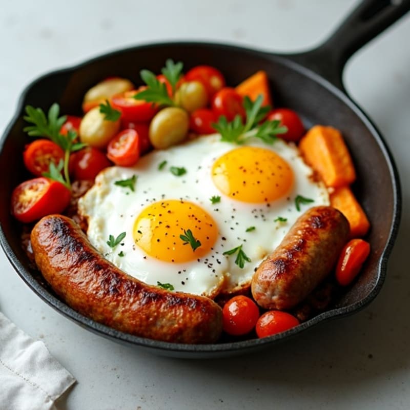 Crispy Sweet Potato and Lean Turkey Sausage Skillet with Eggs and Roasted Vegetables