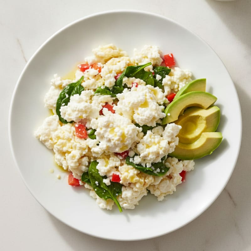 Egg White Veggie Scramble with Cottage Cheese and Avocado
