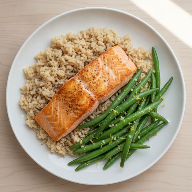 Seared Salmon with Garlic Green Beans and Brown Rice
