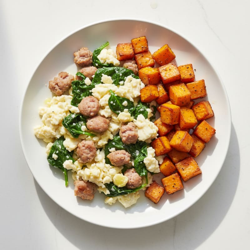Egg White and Turkey Sausage Scramble with Spinach and Roasted Sweet Potato