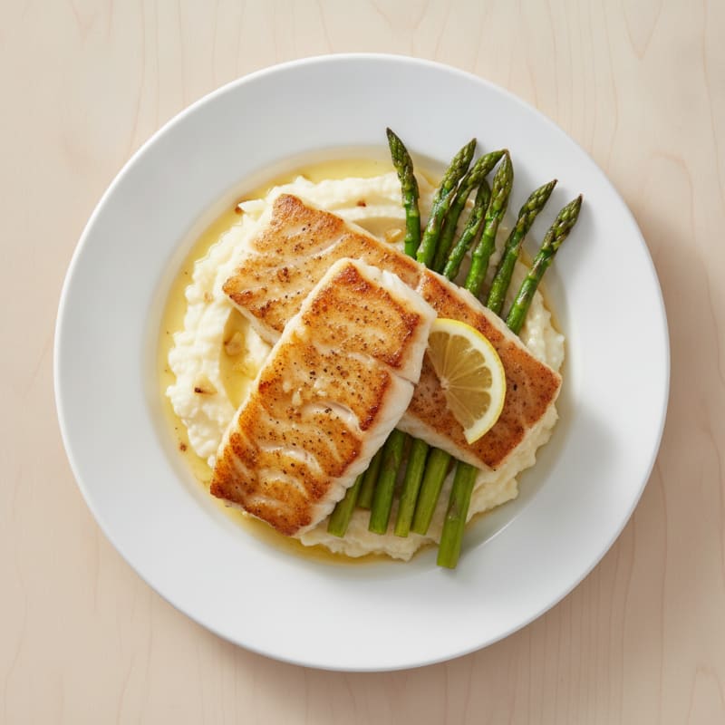 Seared Cod with Roasted Asparagus and Cauliflower Mash