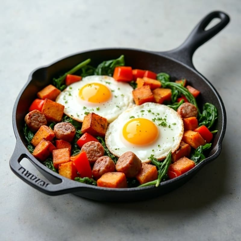Lean Turkey Sausage, Crispy Sweet Potato, and Veggie Skillet with Eggs