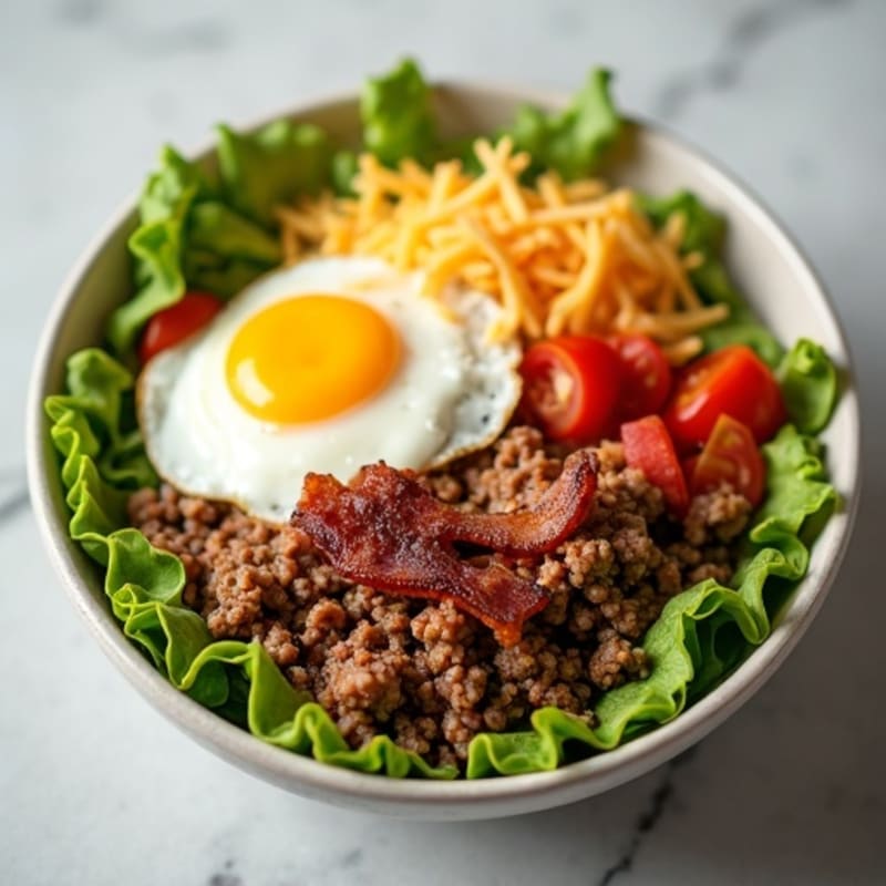 Lean Ground Beef Cheeseburger Bowl with Crispy Turkey Bacon