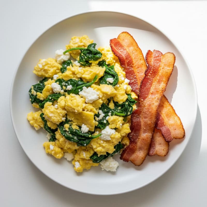 Cottage Cheese Egg Scramble with Spinach and Turkey Bacon