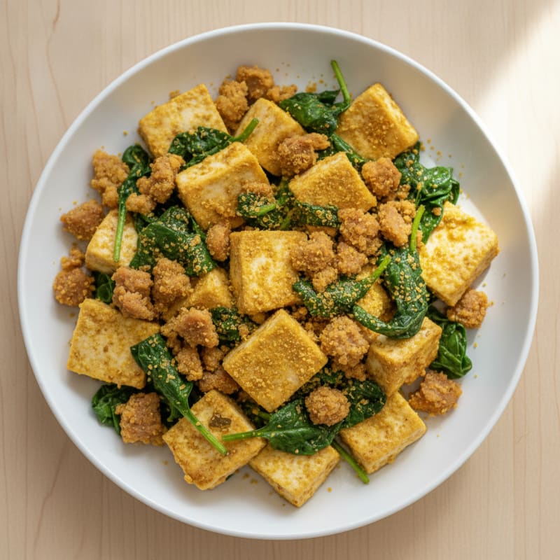 Silken Tofu Scramble with Spinach and Tempeh Crumbles
