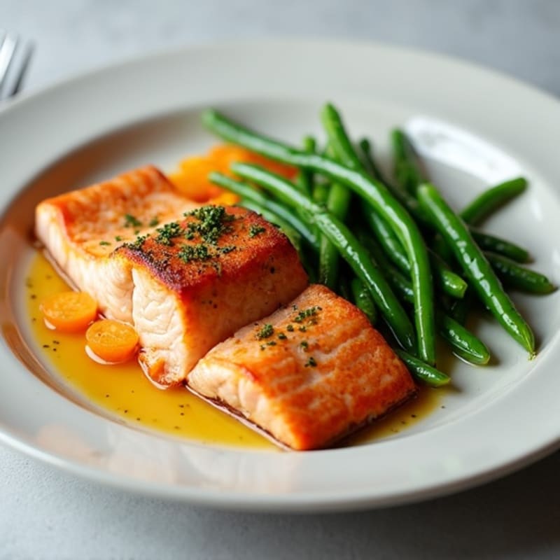 Seared Salmon with Steamed Green Beans and Sweet Potato Mash