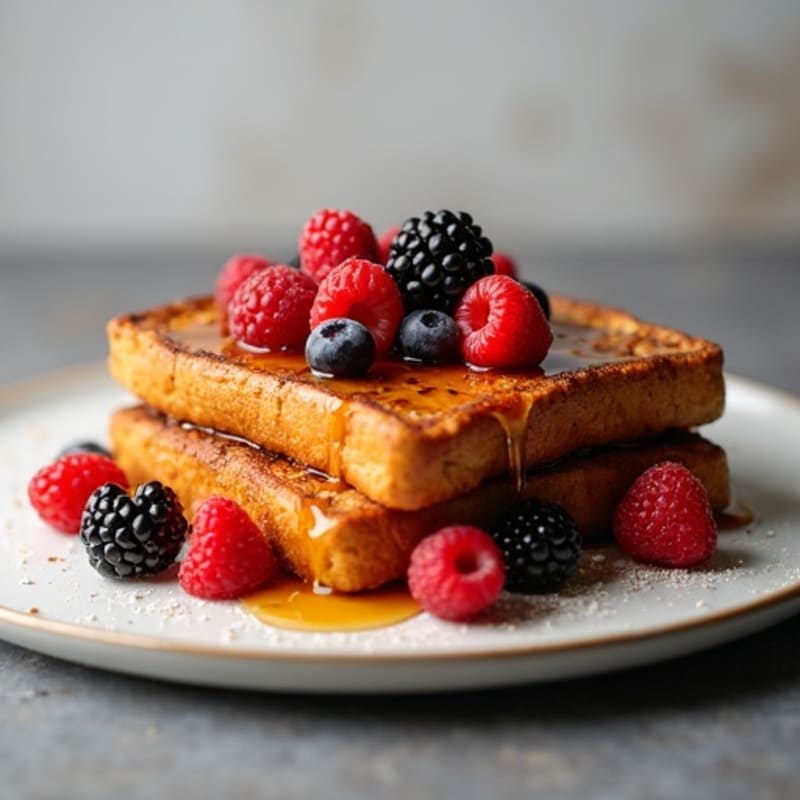 High-Protein Whole Wheat French Toast with Fresh Berries and Pure Maple Syrup