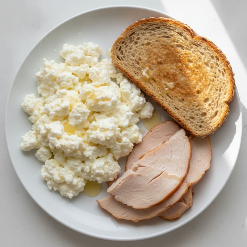 Fluffy Scrambled Eggs with Cottage Cheese and Sliced Turkey