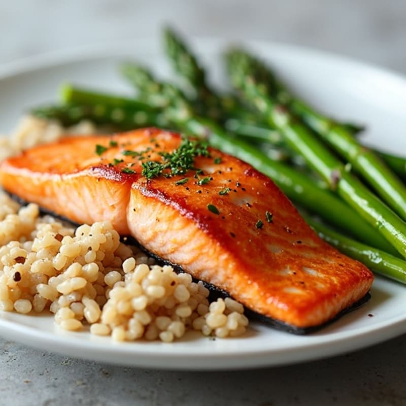Seared Salmon with Steamed Asparagus and Brown Rice