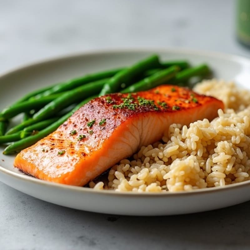 Seared Salmon Fillet with Garlic Green Beans and Brown Rice