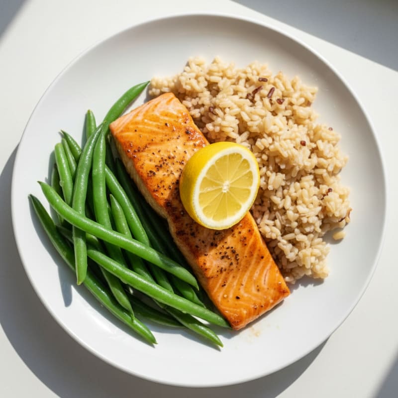 Seared Salmon with Steamed Green Beans and Brown Rice
