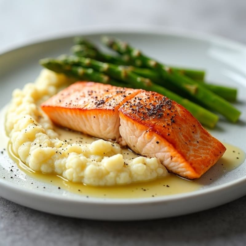 Seared Salmon Fillet with Steamed Asparagus and Garlic Cauliflower Mash