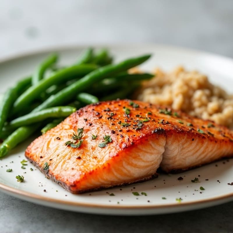 Seared Salmon Fillet with Steamed Green Beans and Brown Rice
