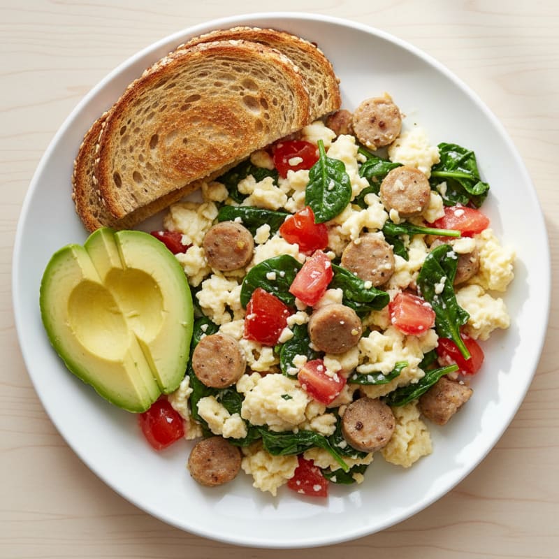 Egg White and Turkey Sausage Scramble with Spinach and Tomato