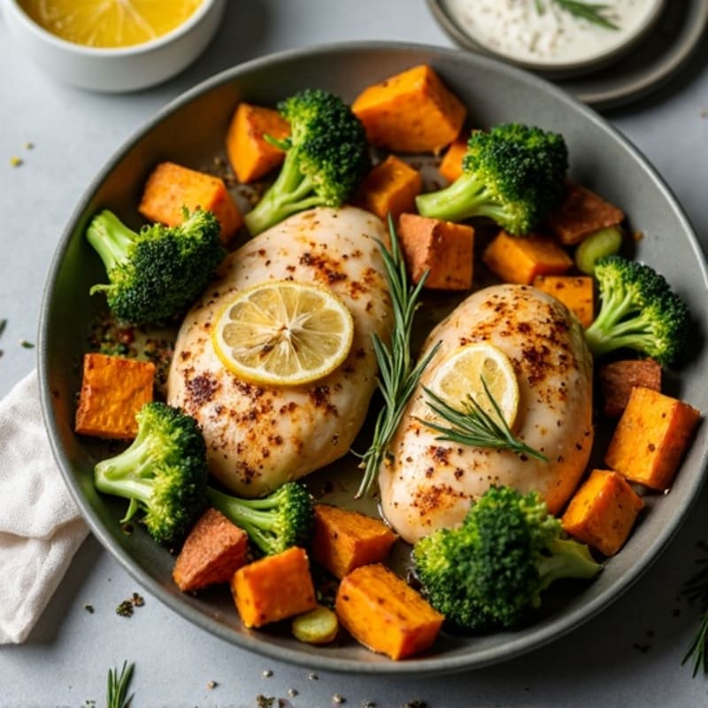 Sheet Pan Lemon-Herb Chicken with Roasted Crispy Broccoli and Sweet Potatoes