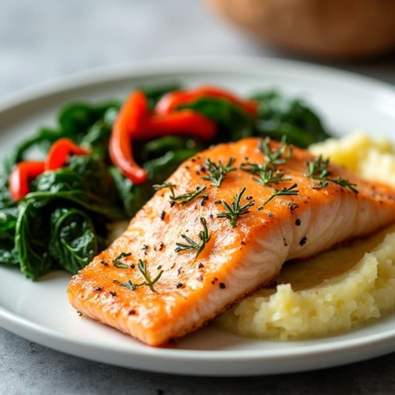 Crispy Pan-Seared Salmon with Garlic Mashed Potatoes and Sautéed Greens