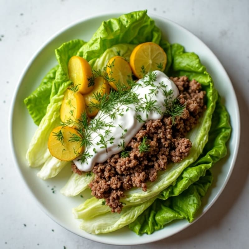 Lean Ground Beef and Crispy Lettuce Bowl with Creamy Dill Pickle Dressing