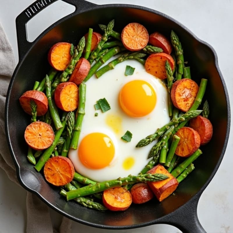 Sheet Pan Roasted Eggs with Asparagus and Sweet Potatoes