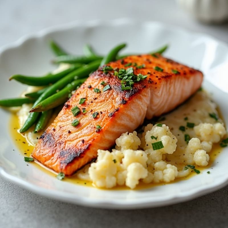 Seared Salmon with Garlic Green Beans and Cauliflower Mash