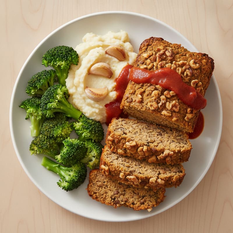 Lentil and Walnut Protein Loaf with Steamed Broccoli and Garlic Mash