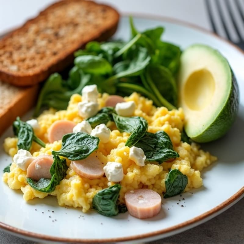 Egg White and Spinach Scramble with Cottage Cheese, Sliced Turkey, Toast & Avocado