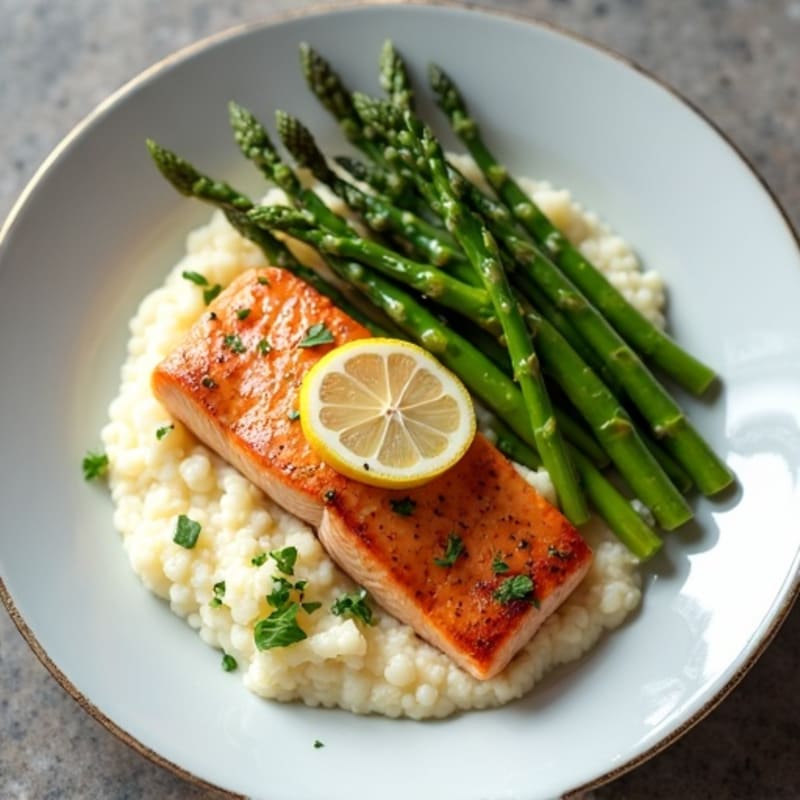 Seared Salmon with Steamed Asparagus and Cauliflower Mash